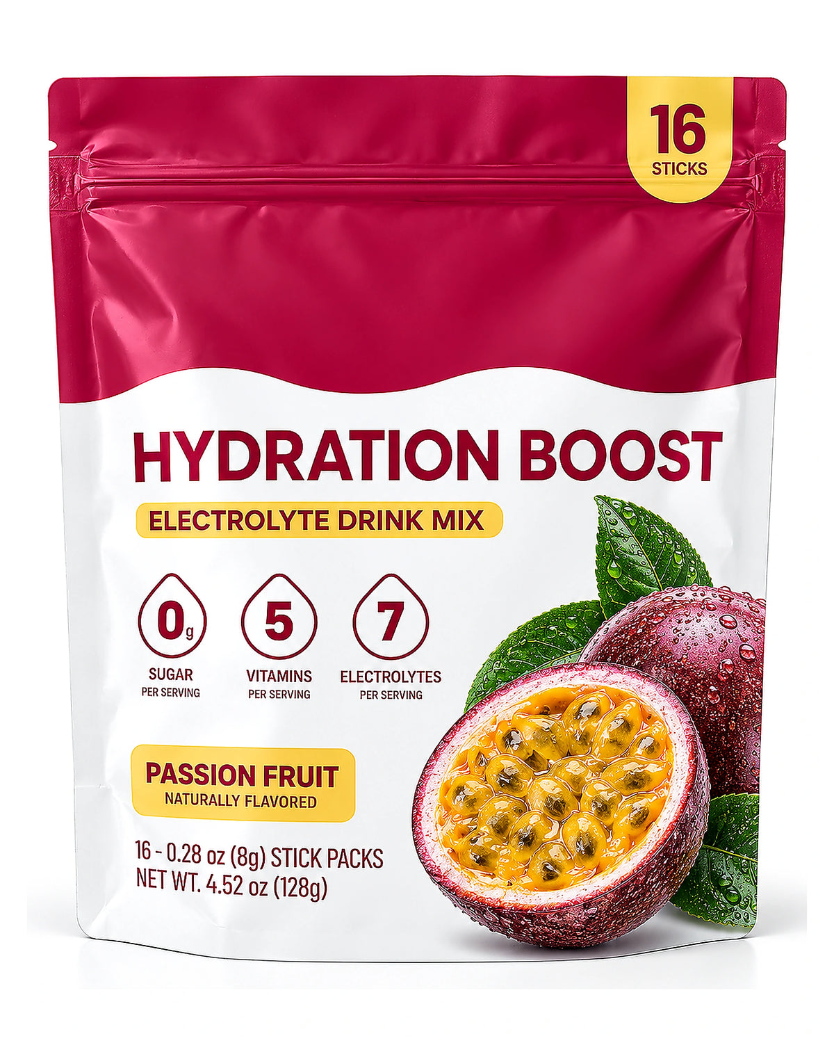 RESET Passion Fruit hydration mix pouch — front, optimized WebP