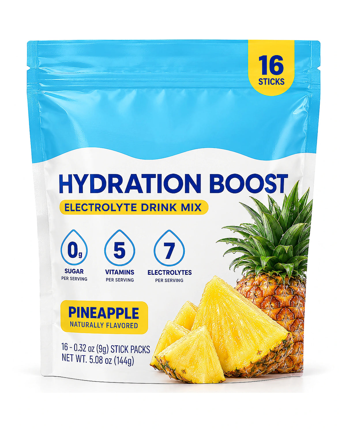 RESET Pineapple hydration mix pouch — front, optimized WebP